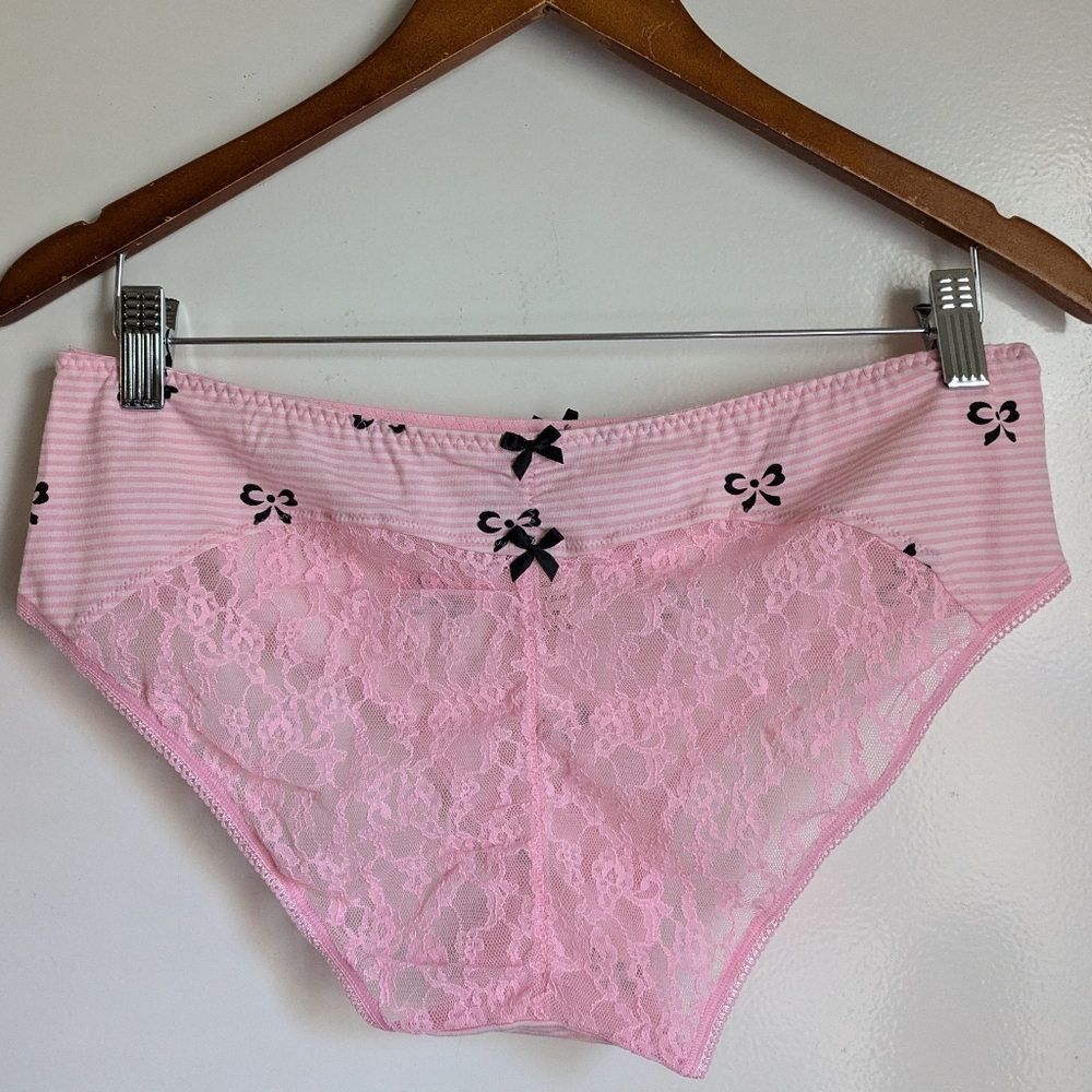 🆕 Victoria's Secret Low-Rise Hiphugger Pink Black Cotton Lace Bows Panty XL